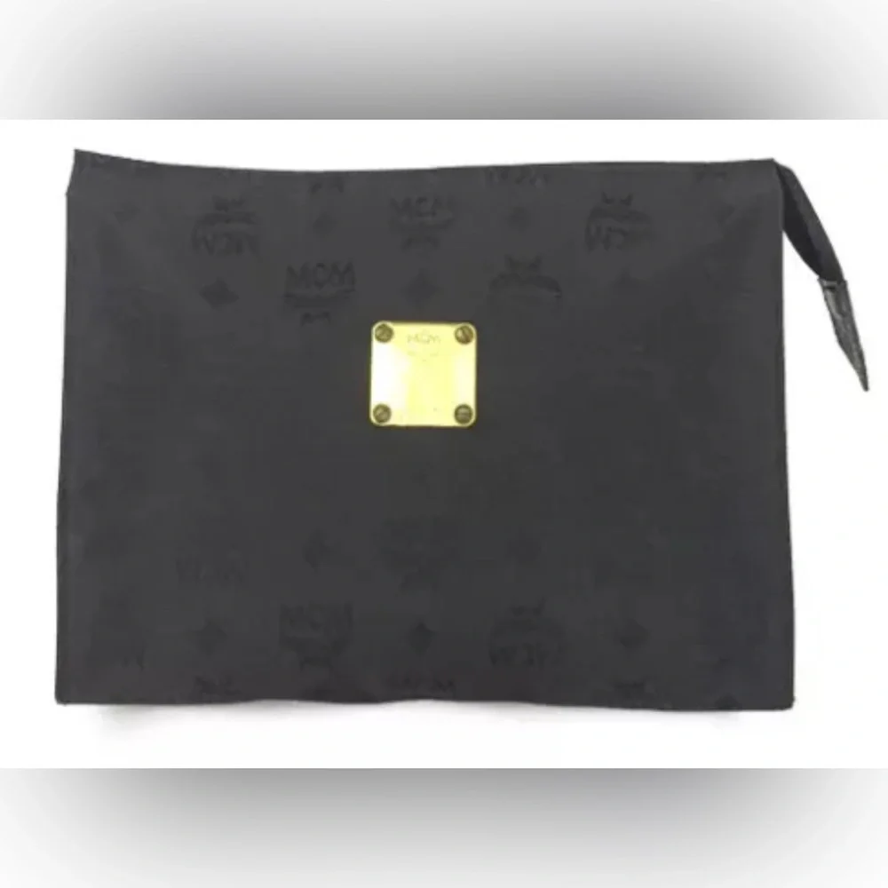 Authentic MCM Logo Visetos Canvas Clutch Bag Black